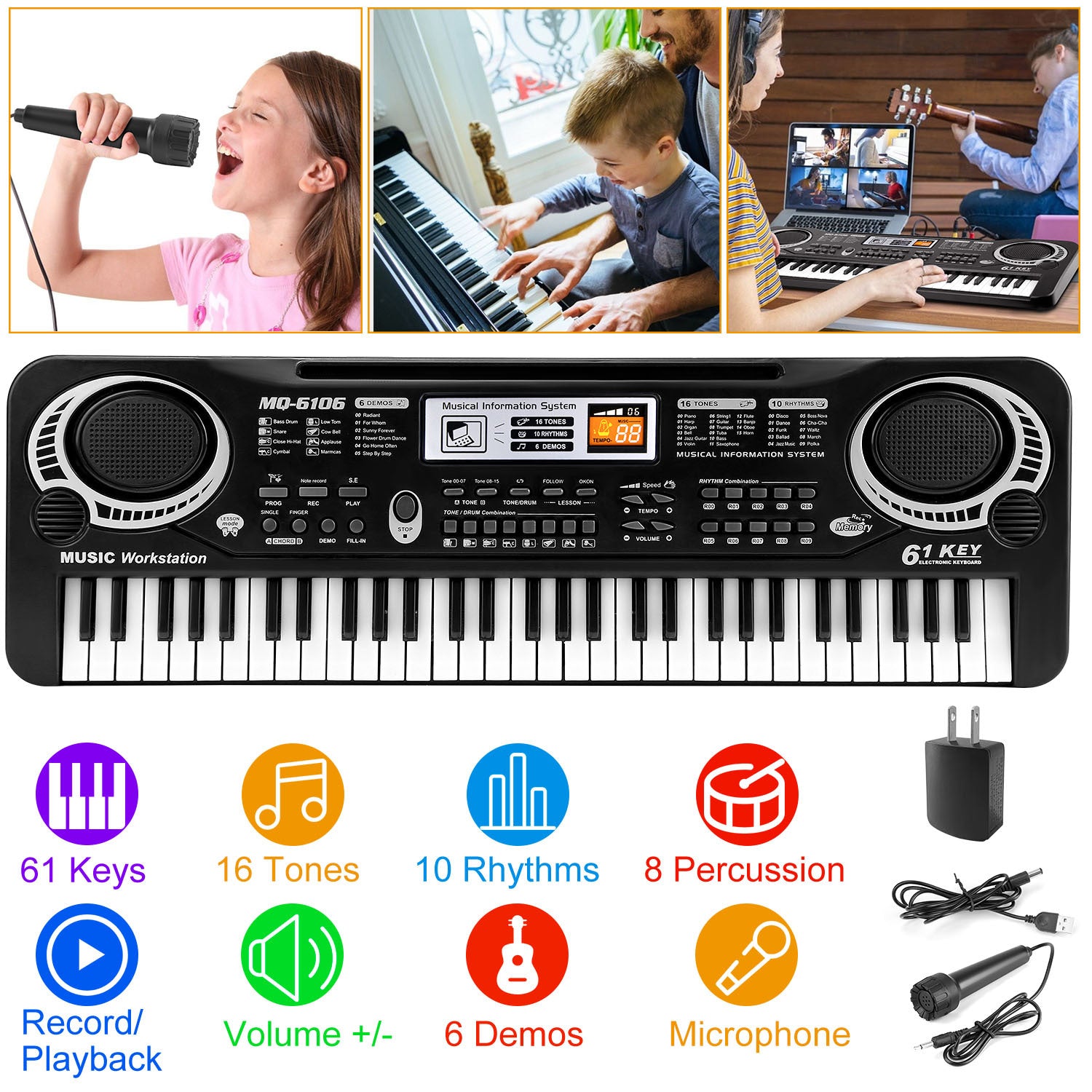 61 Keys Digital Music Electronic Keyboard Electric Piano Musical Instrument Kids Learning Keyboard With Microphone For Beginners Kids Girls Boys Adults