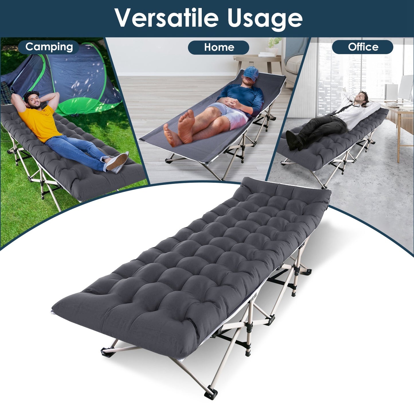 1Pc Folding Camping Cot Portable Sleeping Camping Bed Collapsible Travel Camp Cots Guest Bed Cot With 2-Sided Soft Pad 440LBS Max Load